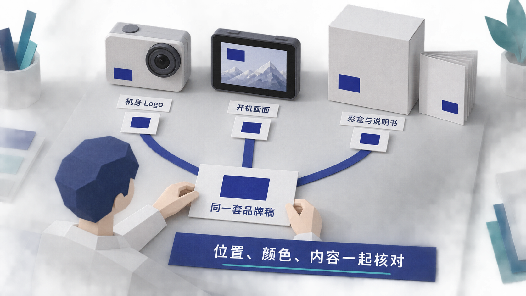 品牌呈现示意：同一套品牌稿用于机身、开机画面、彩盒与说明书，位置、颜色和内容一起核对。