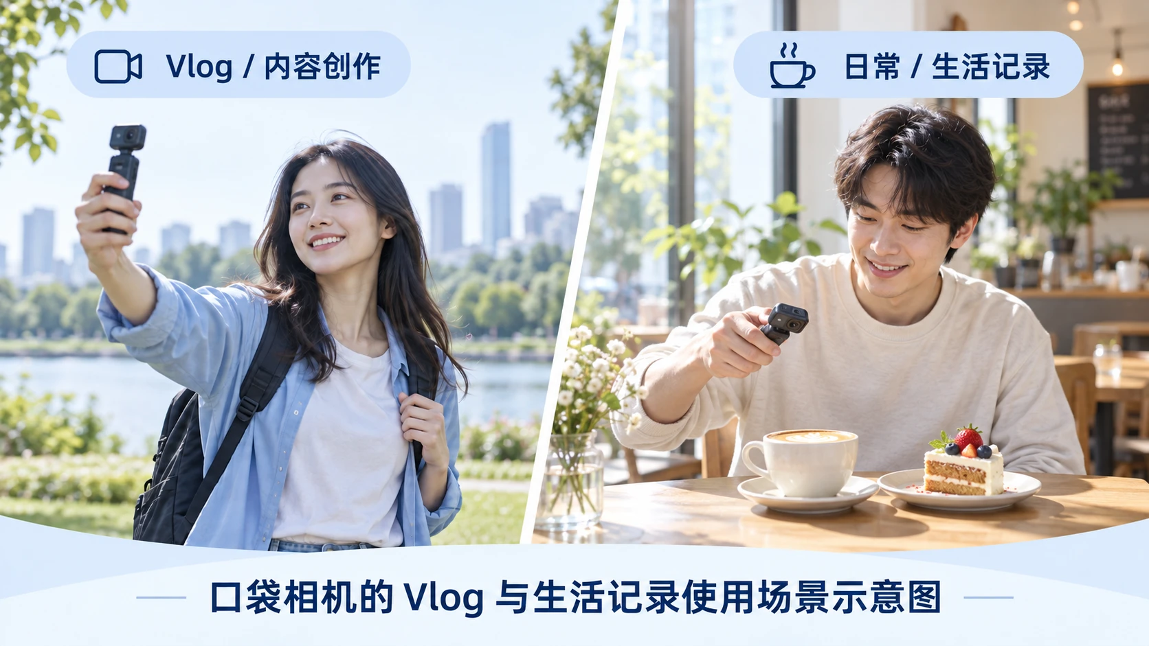 口袋相机的 Vlog 创作与日常生活记录使用场景示意图