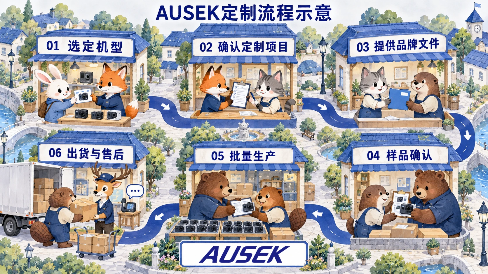 选定机型、确认项目、提供品牌文件、样品确认、批量生产和出货售后的定制流程示意