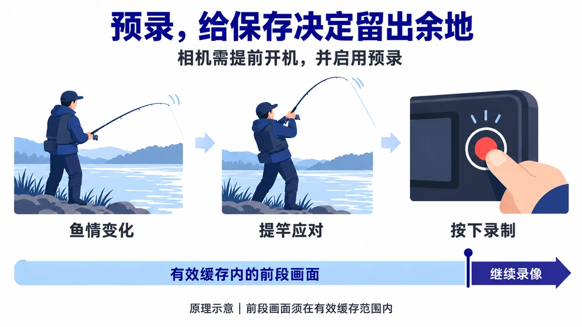 预录原理图解：鱼情变化、提竿应对、按下录制及有效缓存内的前段画面