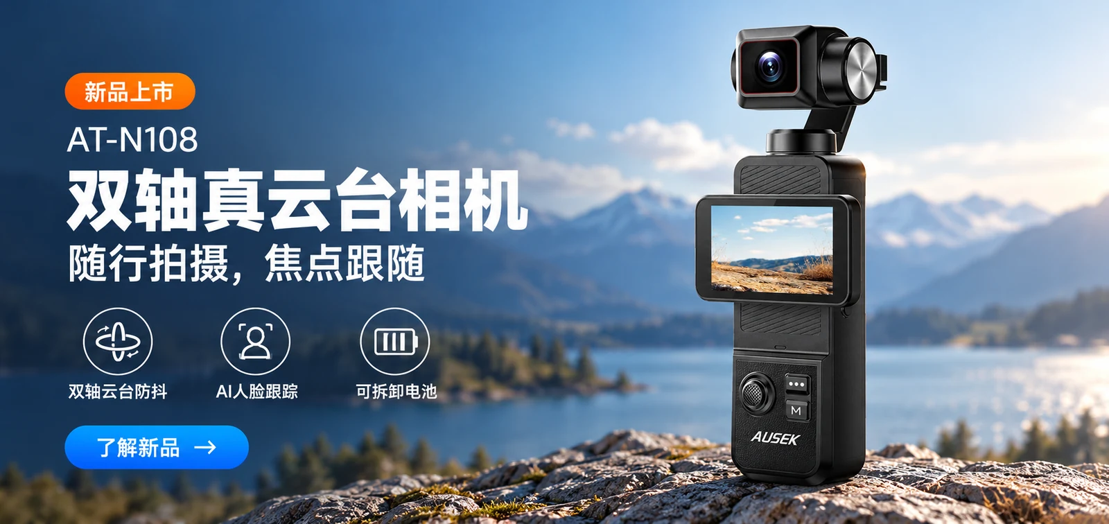 AT-N108新品双轴真云台相机，支持AI人脸跟踪与可拆卸电池