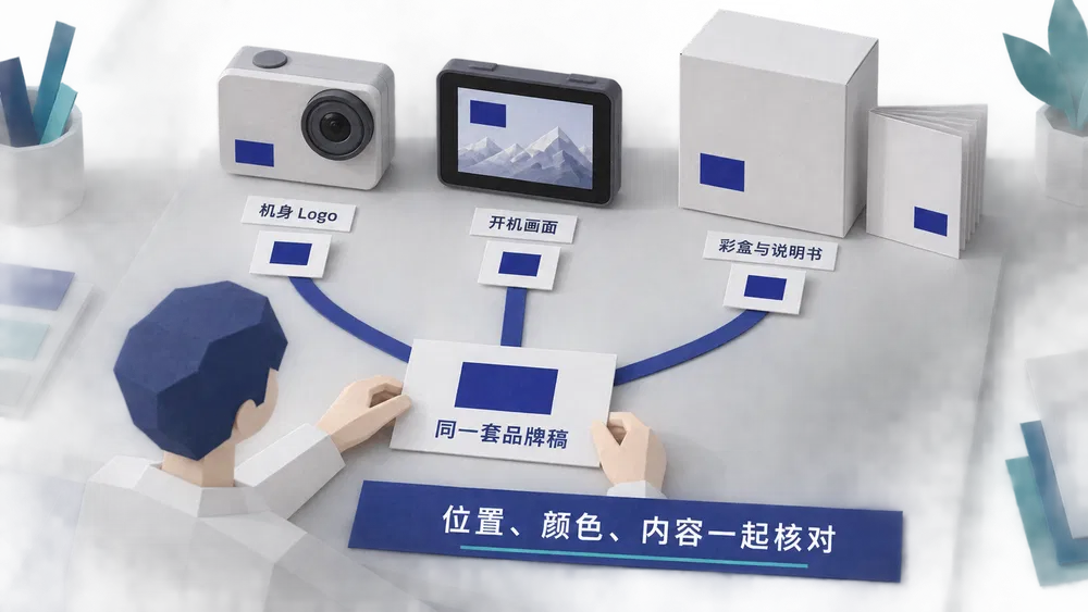 品牌呈现示意：同一套品牌稿用于机身、开机画面、彩盒与说明书，位置、颜色和内容一起核对。