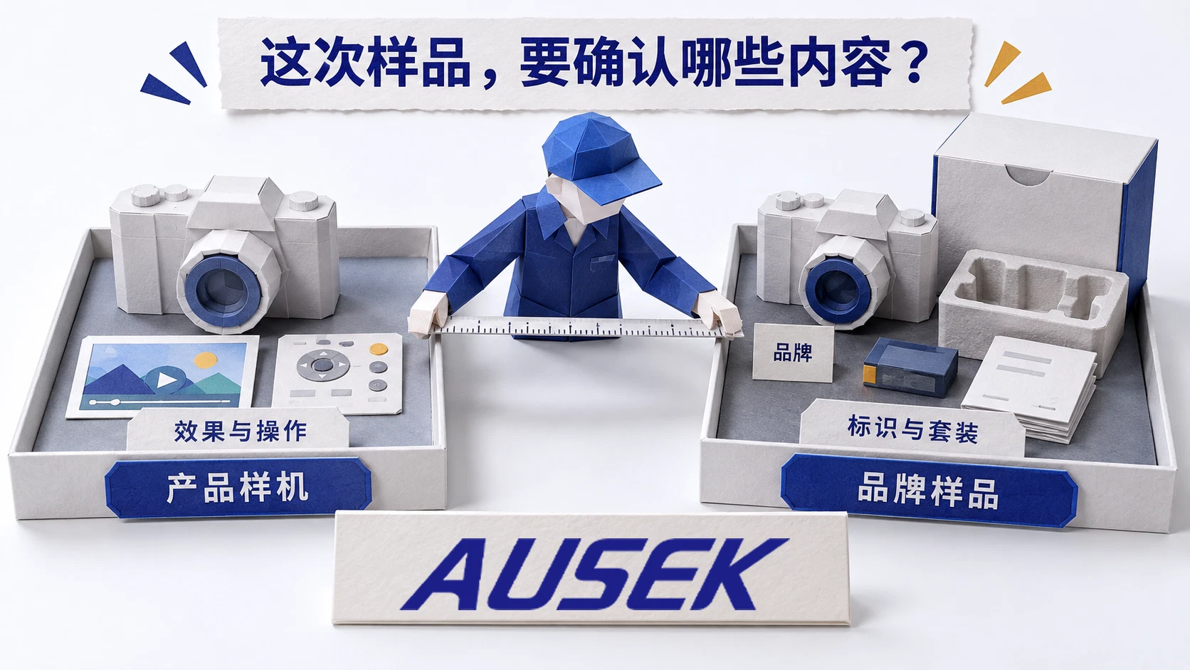 奥赛克纸艺示意:对照员用两只托盘区分产品表现与品牌套装的检查范围。