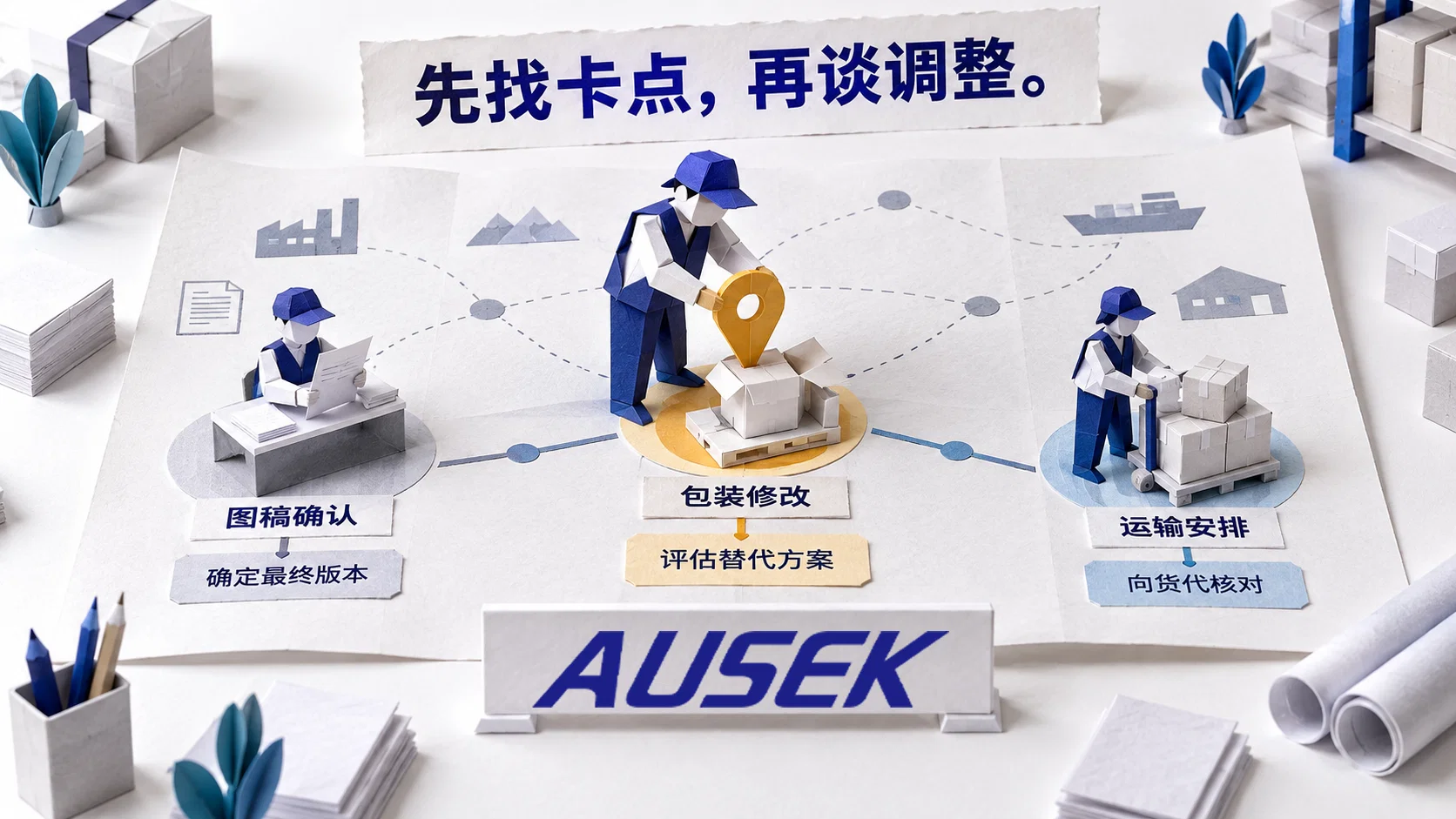 奥赛克纸艺示意:计划员定位包装修改卡点,并区分图稿、包装和运输的处理动作。