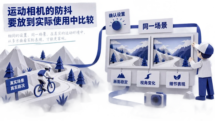 防抖比较示意：先对齐场景和设置，再看稳定性、视角与细节。