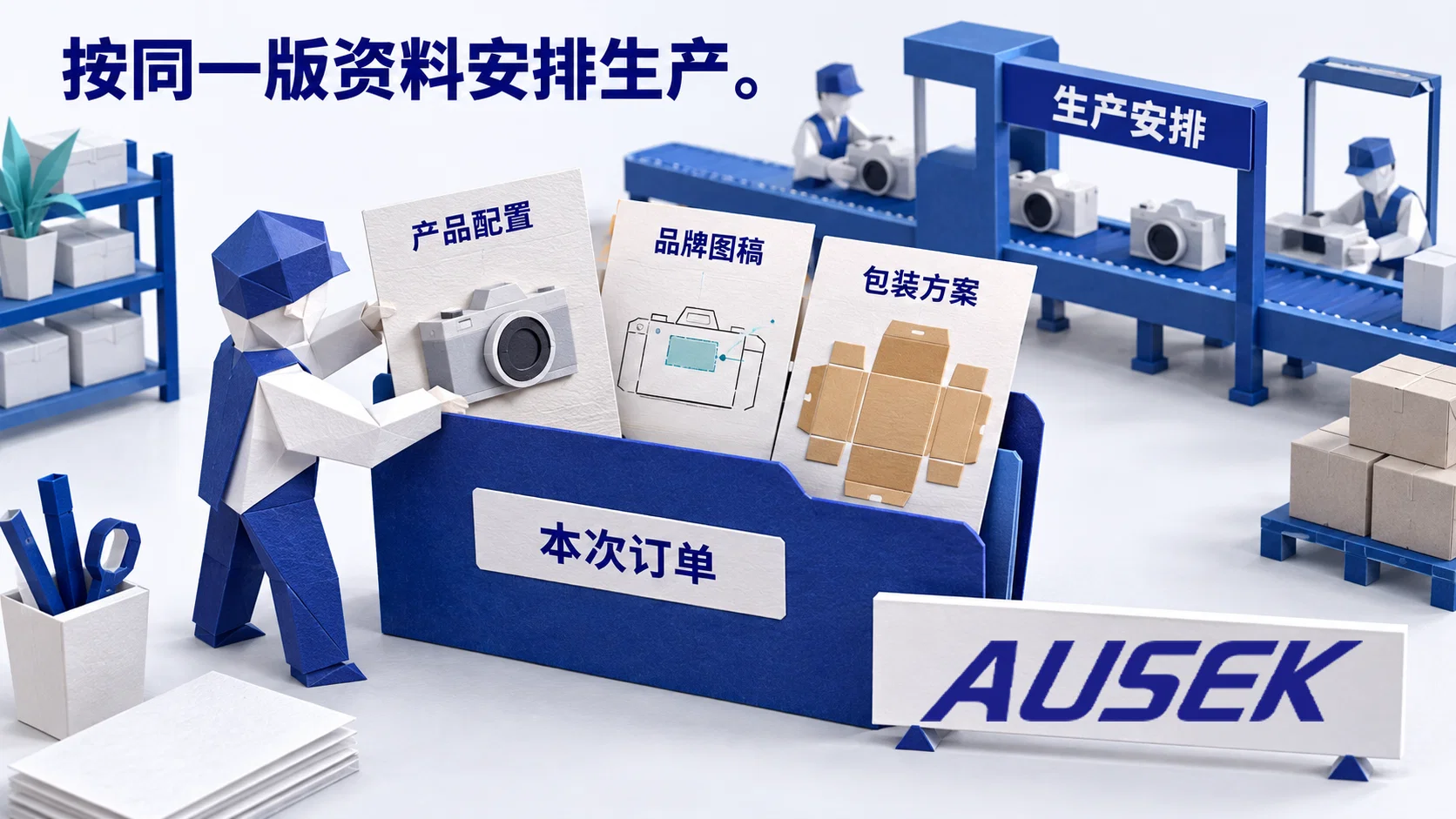 奥赛克纸艺示意:资料员将产品配置、品牌图稿和包装方案归入同一订单文件夹。